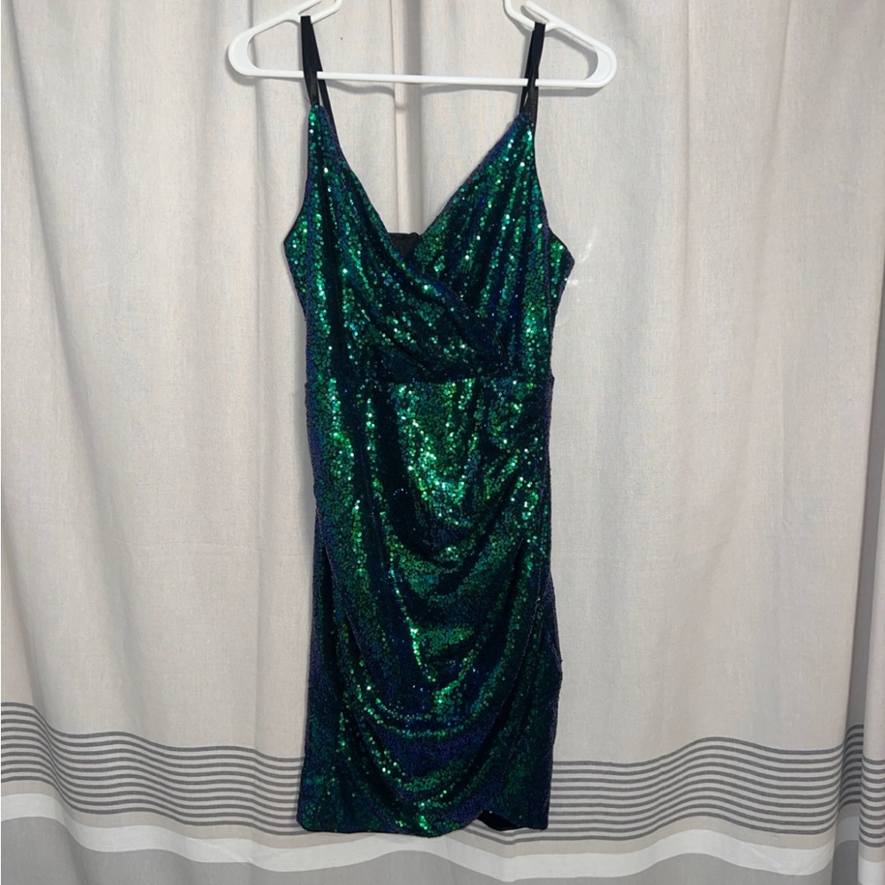 Grace Karin Green Blue Sequin Bodycon Mini Dress Size L